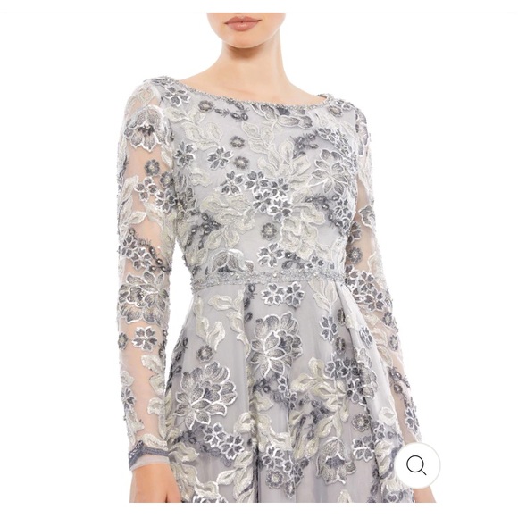 Mac Duggal Silver Floral Embellished Illusion Long Sleeve A Line Gown Size 10 - Picture 12 of 14